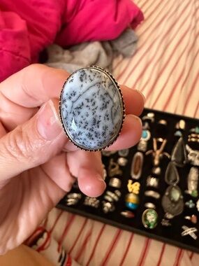 Dendritic Opal Oval Statement Ring - White and Black